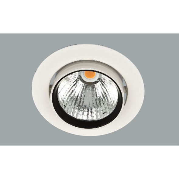 A white led downlight with grey background.