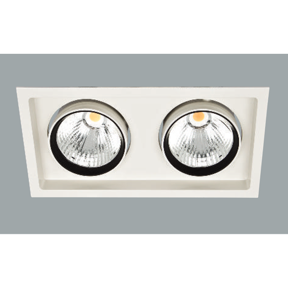 A white double led downlight with a grey background.