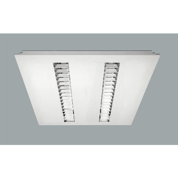 An steel recessed ceiling light with grey background.