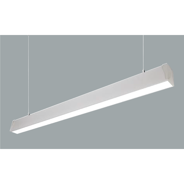 A white narrow suspended linear led on a grey background.