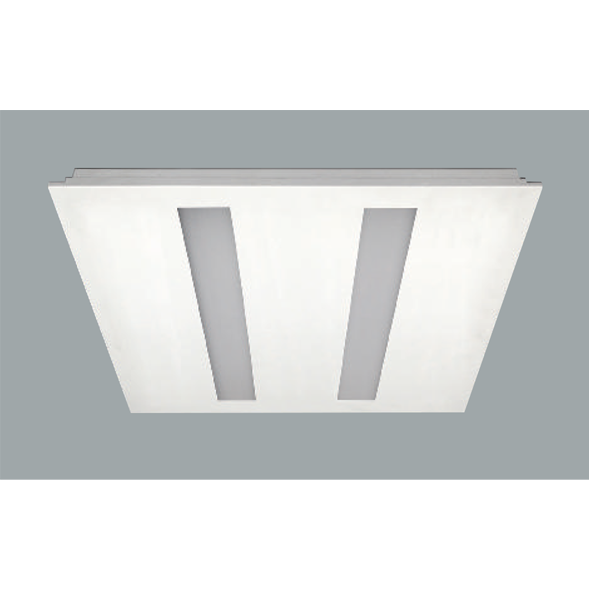 A double white recessed ceiling light with grey background.