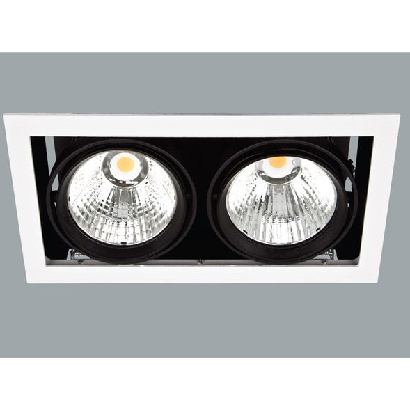 A black double led downlight with grey background.