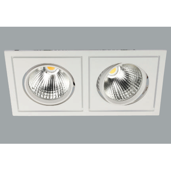 A white double fix led downlight with grey background.