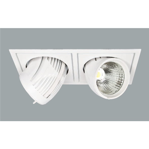 A white double flexible led downlights with grey background.