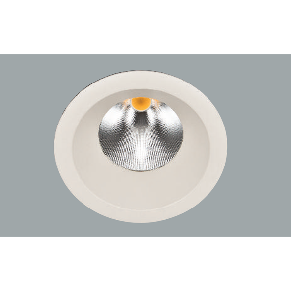 A white led downlight with a grey background.