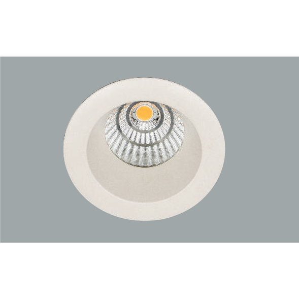 A white led downlight with a grey background.