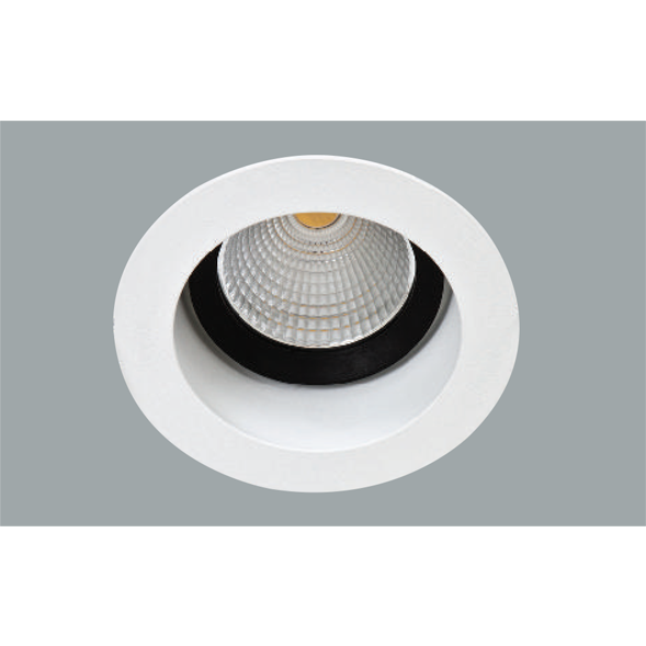 A white and black led downlight with a grey background.