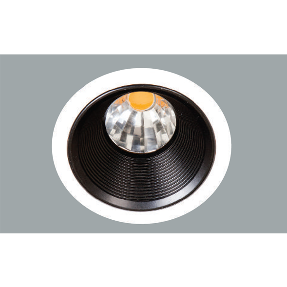 A white and black led downlight with a grey background.