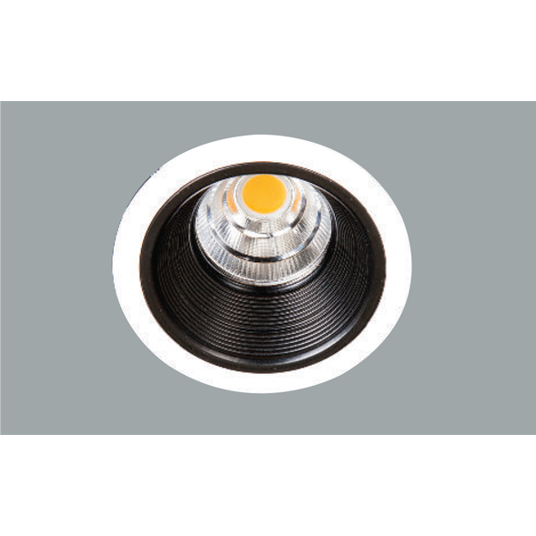 A white and black led downlight with a grey background.