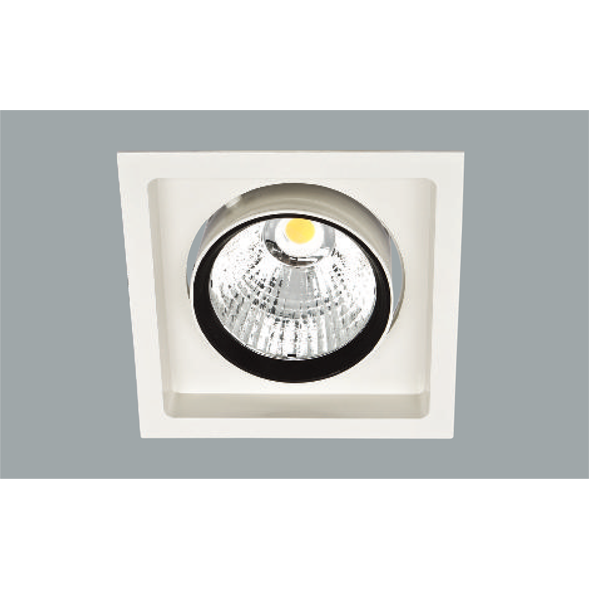 A white and black single led downlight with a grey background.