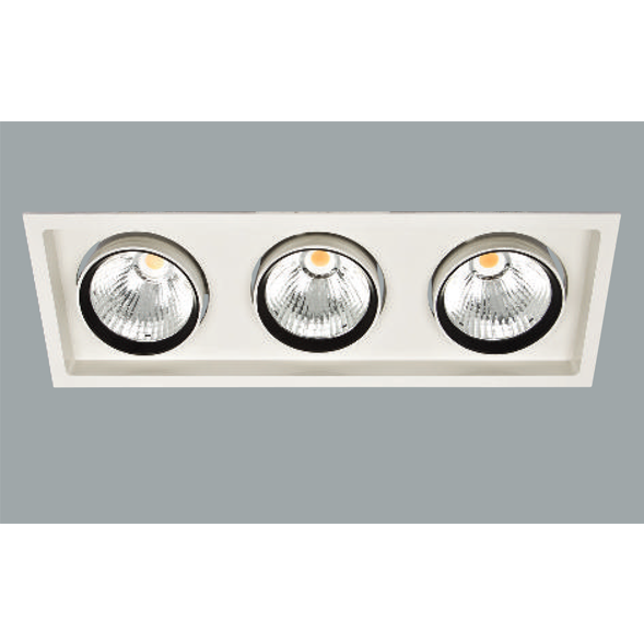 A white and black triple led downlight with a grey background.