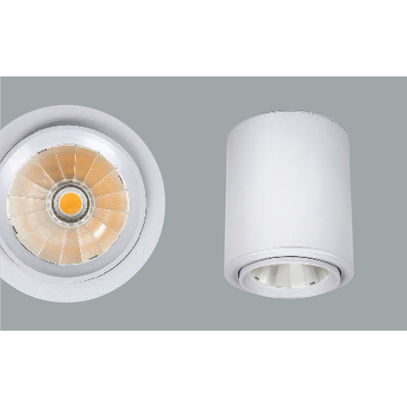 White surface mounted ceiling lights on a grey background.