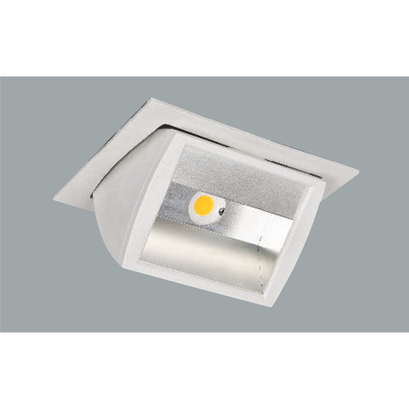 A white half reflector led downlight with grey background.