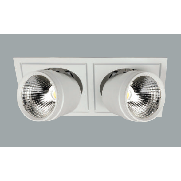 A white double flexible led downlight with grey background.