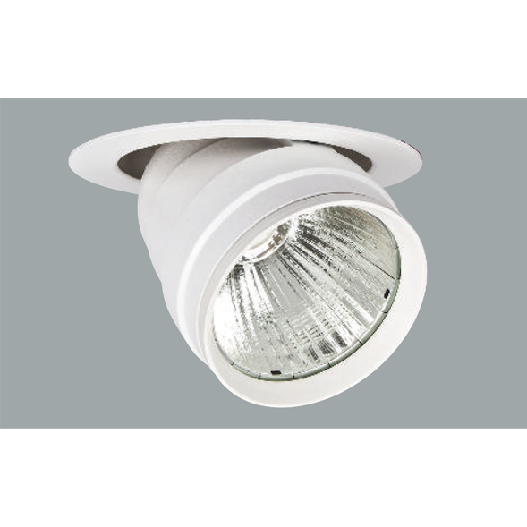 A white flexible round led downlight with grey background.
