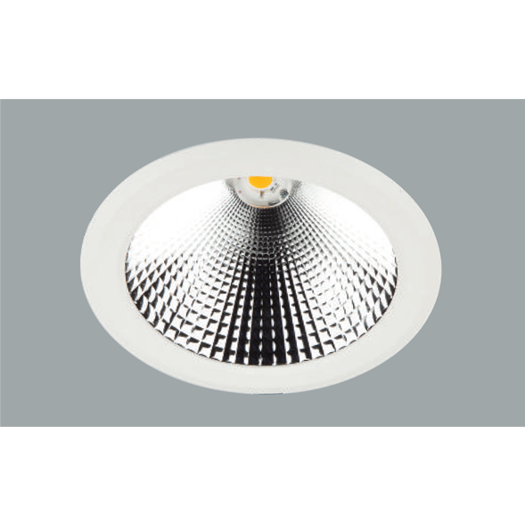 A white aluminium led downlight with a grey background.