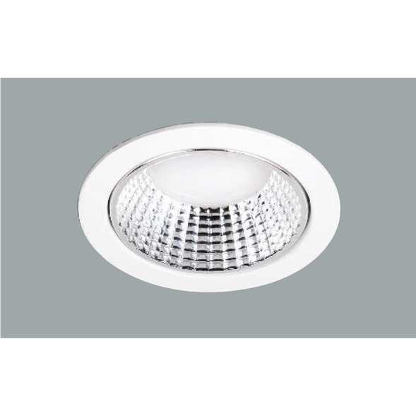 A white led downlight with grey background.