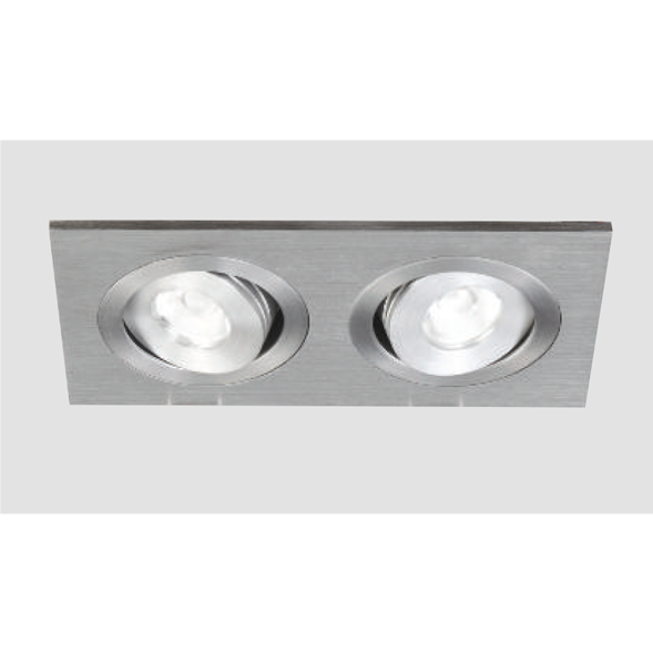 An aluminium double led downlight with grey background.