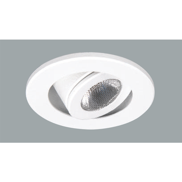 A white rounded led downlight with grey background.