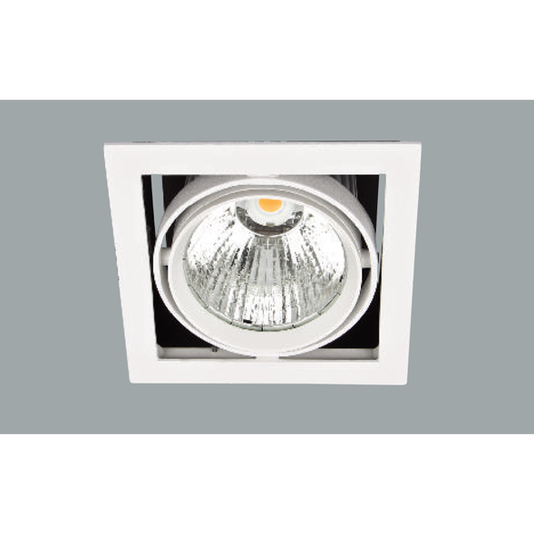 A white square single led downlight with a grey background.