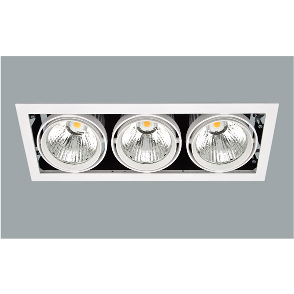 A black and white triple led downlight with a grey background.