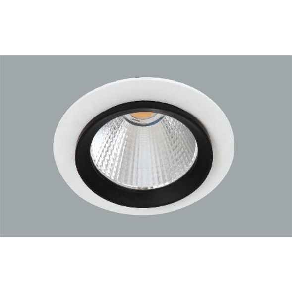 A white and black fix led downlight with grey background.