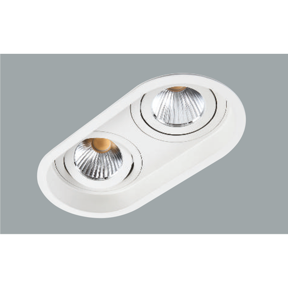 A white double oval led downlight with grey background.