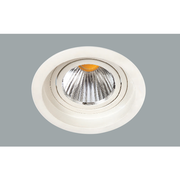 A white single led downlight with grey background.