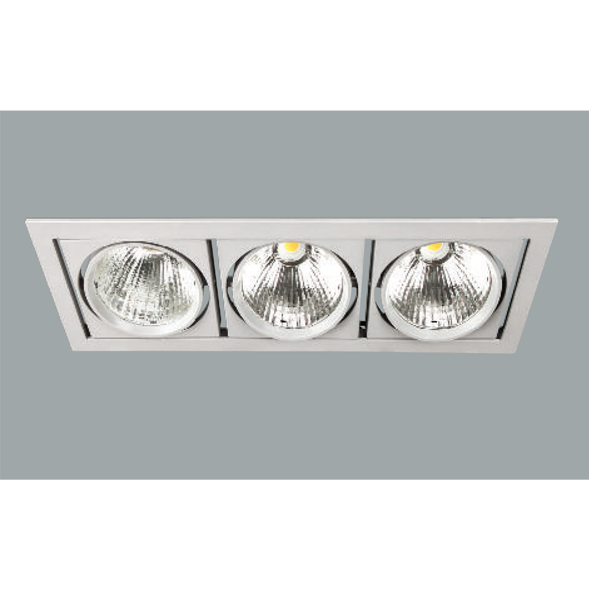 A white triple led downlight with grey background.