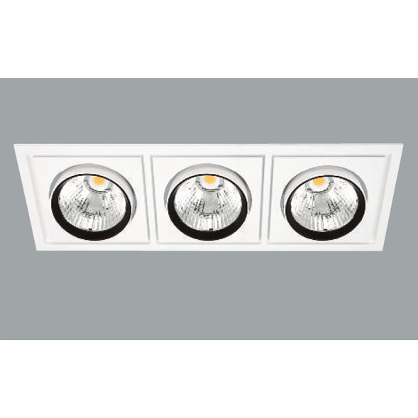 A white triple rectangle led downlight with grey background.