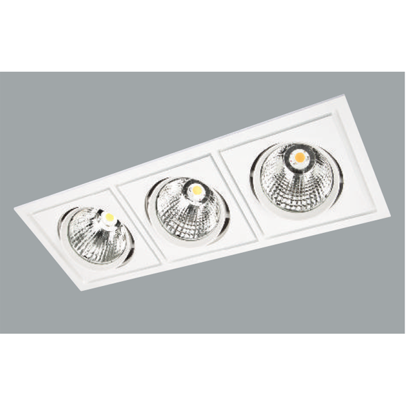 A white triple rectangular led downlight with grey background.