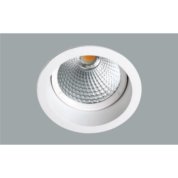 A white led downlight with a grey background.