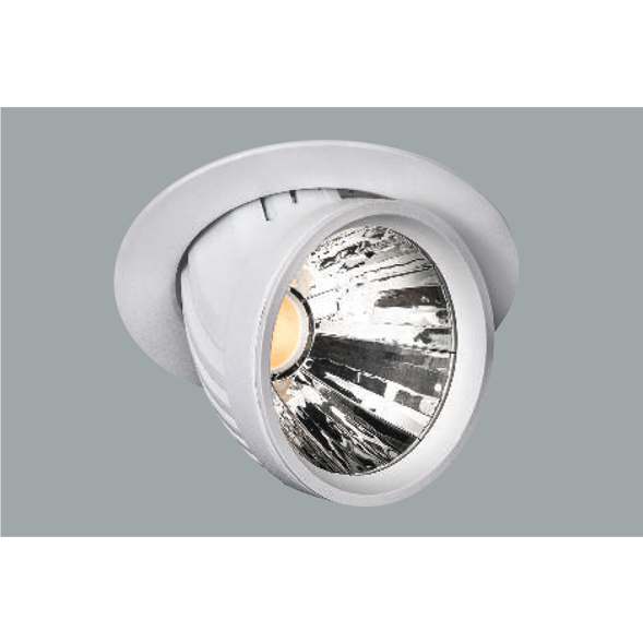 A white and metallic led downlight with grey background.