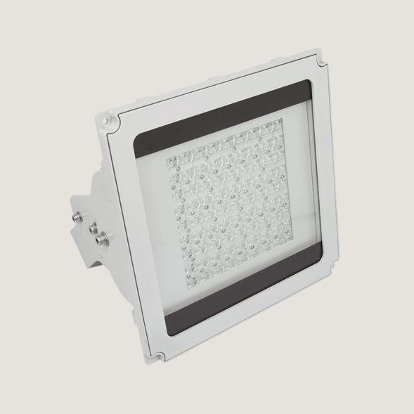 A white outdoor ceiling light with a grey background.