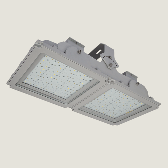 A double white outdoor ceiling light on a grey background.