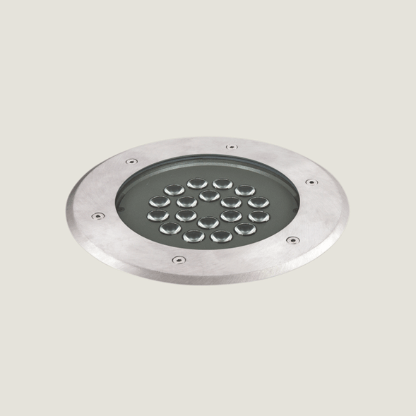 An aluminium outdoor on floor light with a grey background.