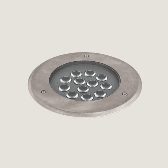 A midi aluminium outdoor floor light on a grey background.