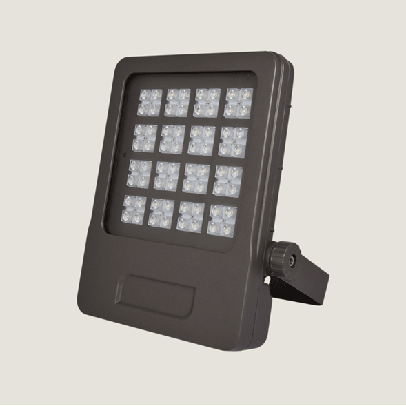 A black outdoor spotlight with brackets and grey background.
