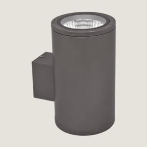 A single black outdoor wall lighting with grey background.