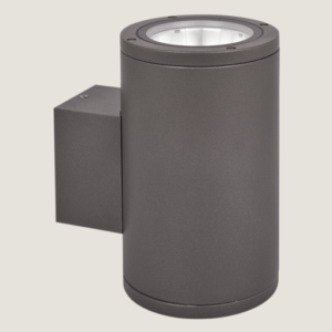 A black cylinder outdoor wall lighting with grey background.