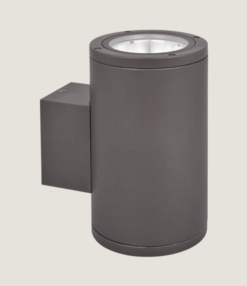 A black cylinder outdoor wall lighting with grey background.