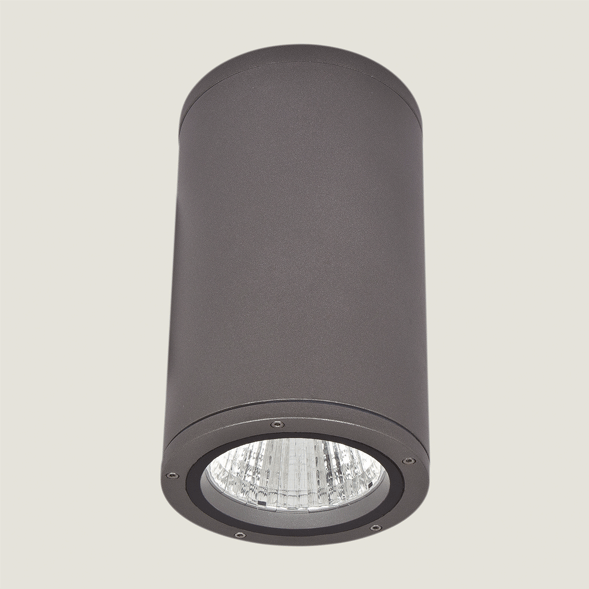 A black outdoor ceiling light with a grey background.