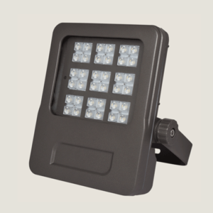 A black mini outdoor spotlight with brackets and grey background.