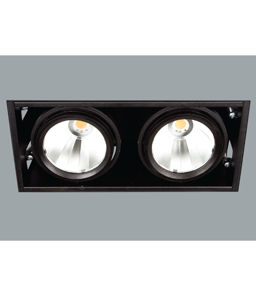 A black mini rectangular double led downlight with grey background.