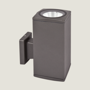 A square black outdoor wall lighting with grey background.
