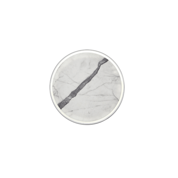 Wall sconce made of Carrara marble with an aluminium ring on a white background