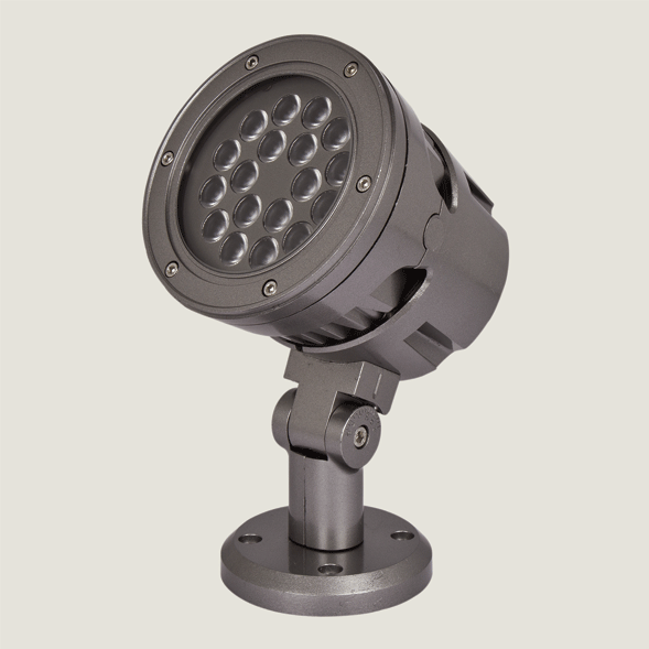 A midi black outdoor spotlight with a grey background.