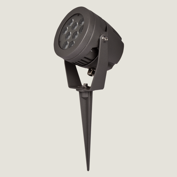 A black mini outdoor spotlight with grey background.