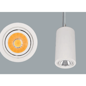 A white cylinder pendant light on a grey background.