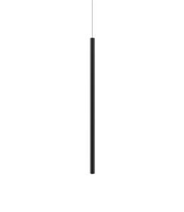 A black vertical pendant light on a white background.
